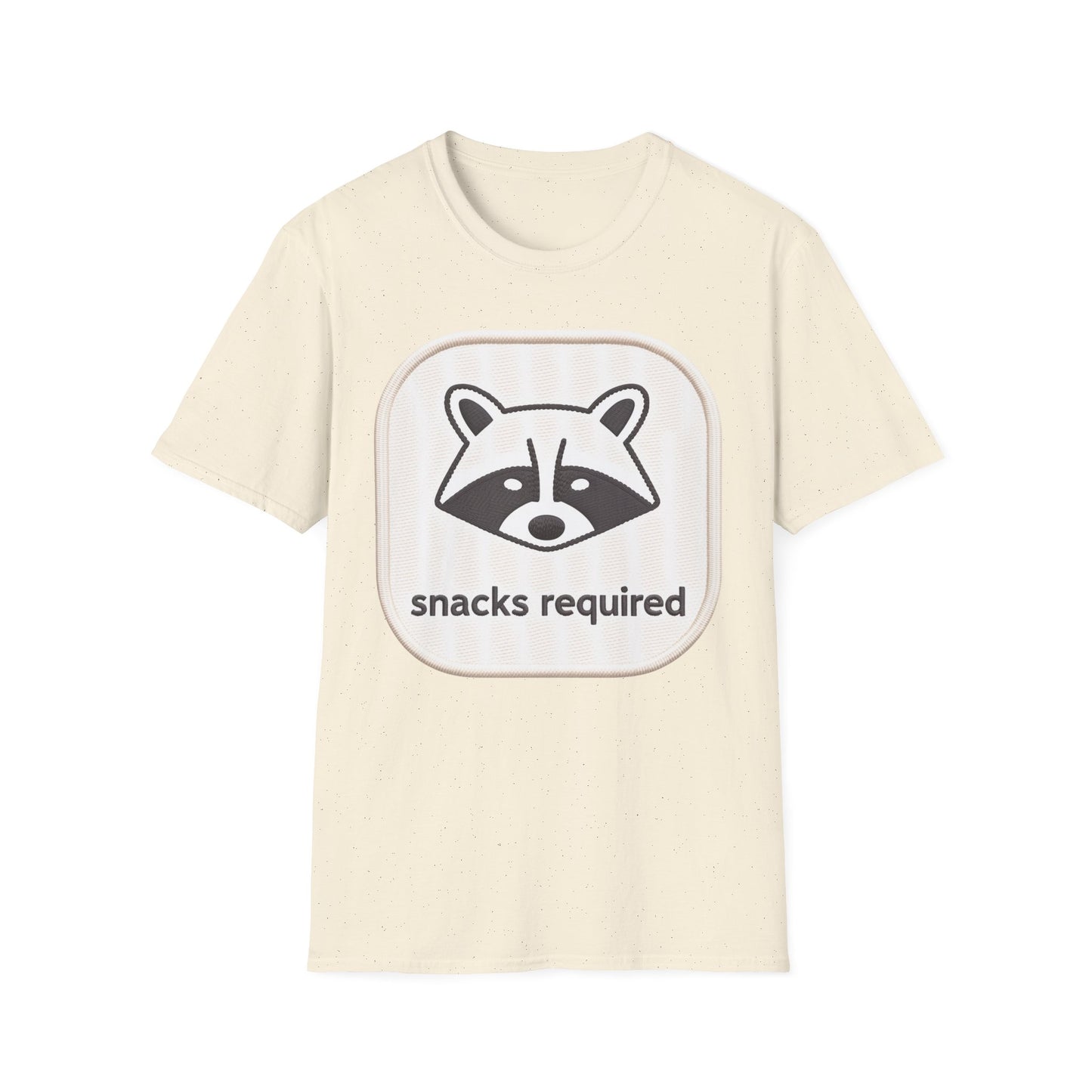 Hilarious "Snacks Required" Raccoon T-Shirt | Cute Embroidered Look Animal Lover Tee for Foodies & Casual Wear