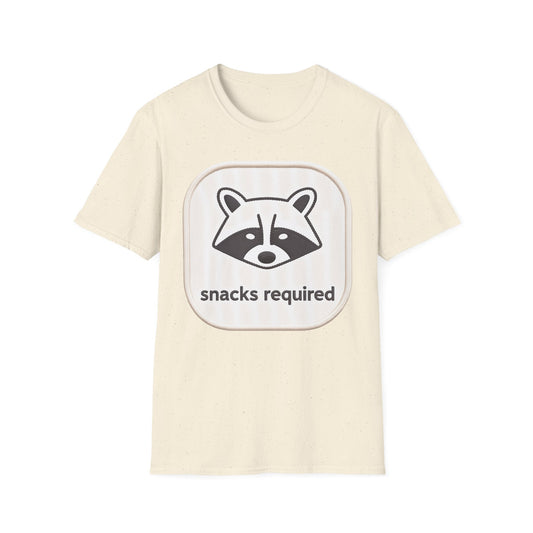 Hilarious "Snacks Required" Raccoon T-Shirt | Cute Embroidered Look Animal Lover Tee for Foodies & Casual Wear