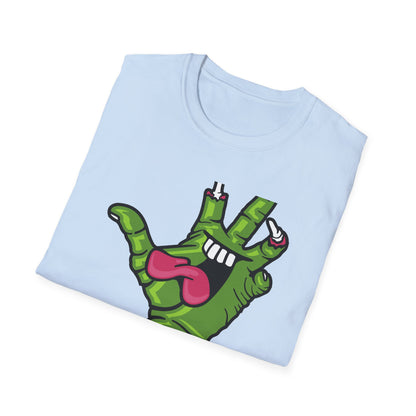 Groovy Zombie Hand T-Shirt with Smiling Monster Face | Spooky Halloween Rock On Tee | Creepy Fun Apparel