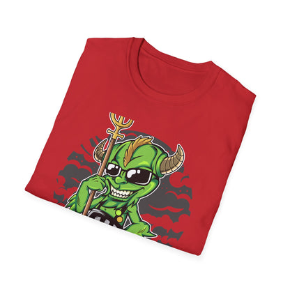 Wicked Mischievous Green Imp T-Shirt | Cool Cartoon Devil with Trident & Checkered Pants | Edgy Graphic Tee