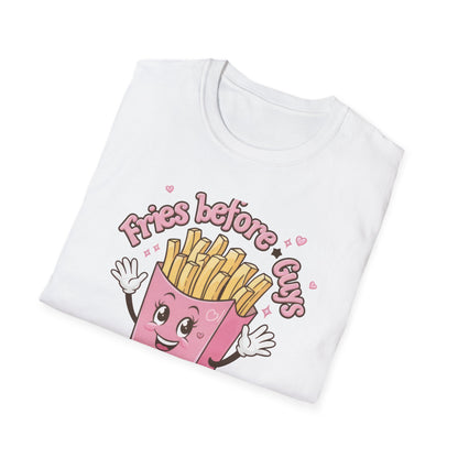 Cute 'Fries Before Guys' T-Shirt | Adorable Pink French Fry Lover Tee | Funny Foodie Graphic Top for Women & Teens