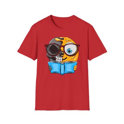 Clever Duality T-Shirt: Smart Skull & Emoji Bookworm Reader Tee for Unique Minds. Striking Graphic Top Gift.