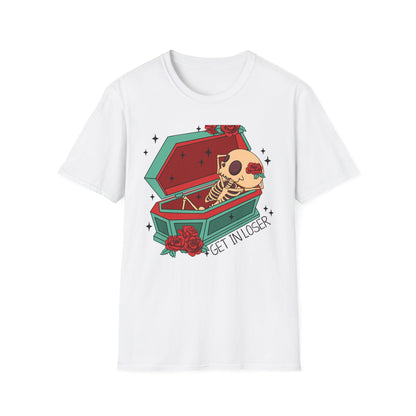 Chill Skeleton in Coffin T-Shirt | Unique Spooky Cute Goth Tee with Red Roses | Ultimate Alternative Style