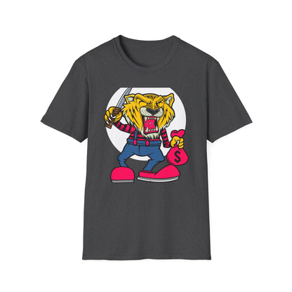 Fierce Tiger Hustler T-Shirt: Bold Roaring Gangster Streetwear Graphic Tee with Knife & Money Bag