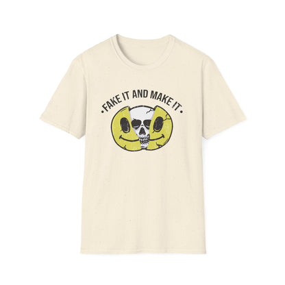 Fake It And Make It Skull T-Shirt - Edgy Cracked Smiley Grunge Aesthetic Tee for Bold Style & Motivation