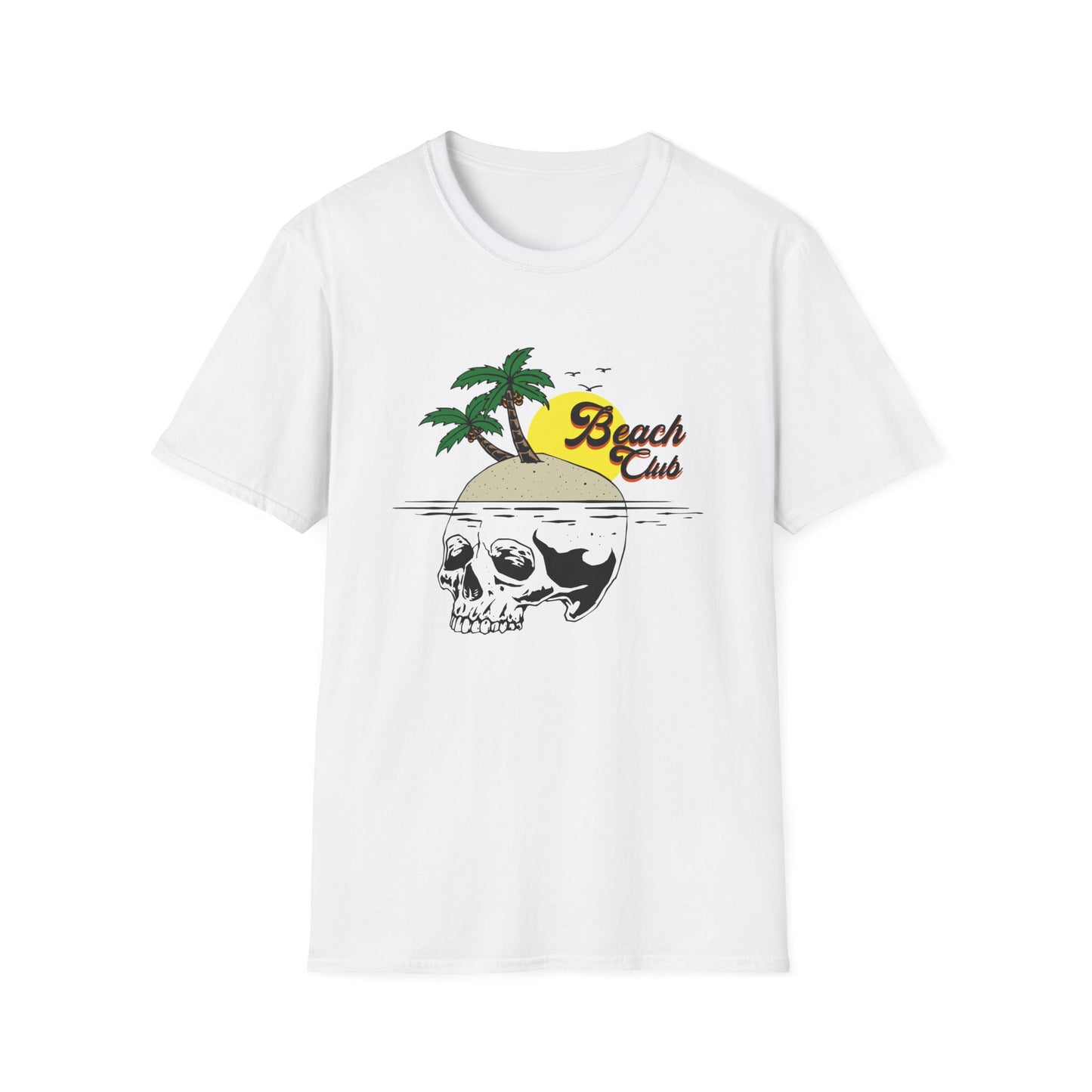 Skull Island Beach Club T-Shirt | Unique Tropical Retro Summer Vacation Tee | Edgy Palm Tree Sunset Graphic