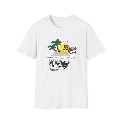 Skull Island Beach Club T-Shirt | Unique Tropical Retro Summer Vacation Tee | Edgy Palm Tree Sunset Graphic