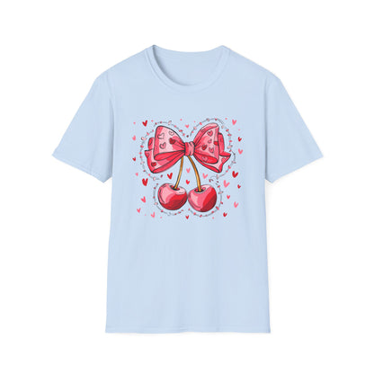 Sweet Cherries & Heart Bow T-Shirt | Adorable Pink Love Design Tee for Women - Perfect Gift