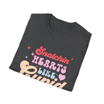 Snatchin' Hearts Like Cupid Groovy T-Shirt | Trendy Retro Valentine's Tee for Her | Playful Flirty Love & Romance Style