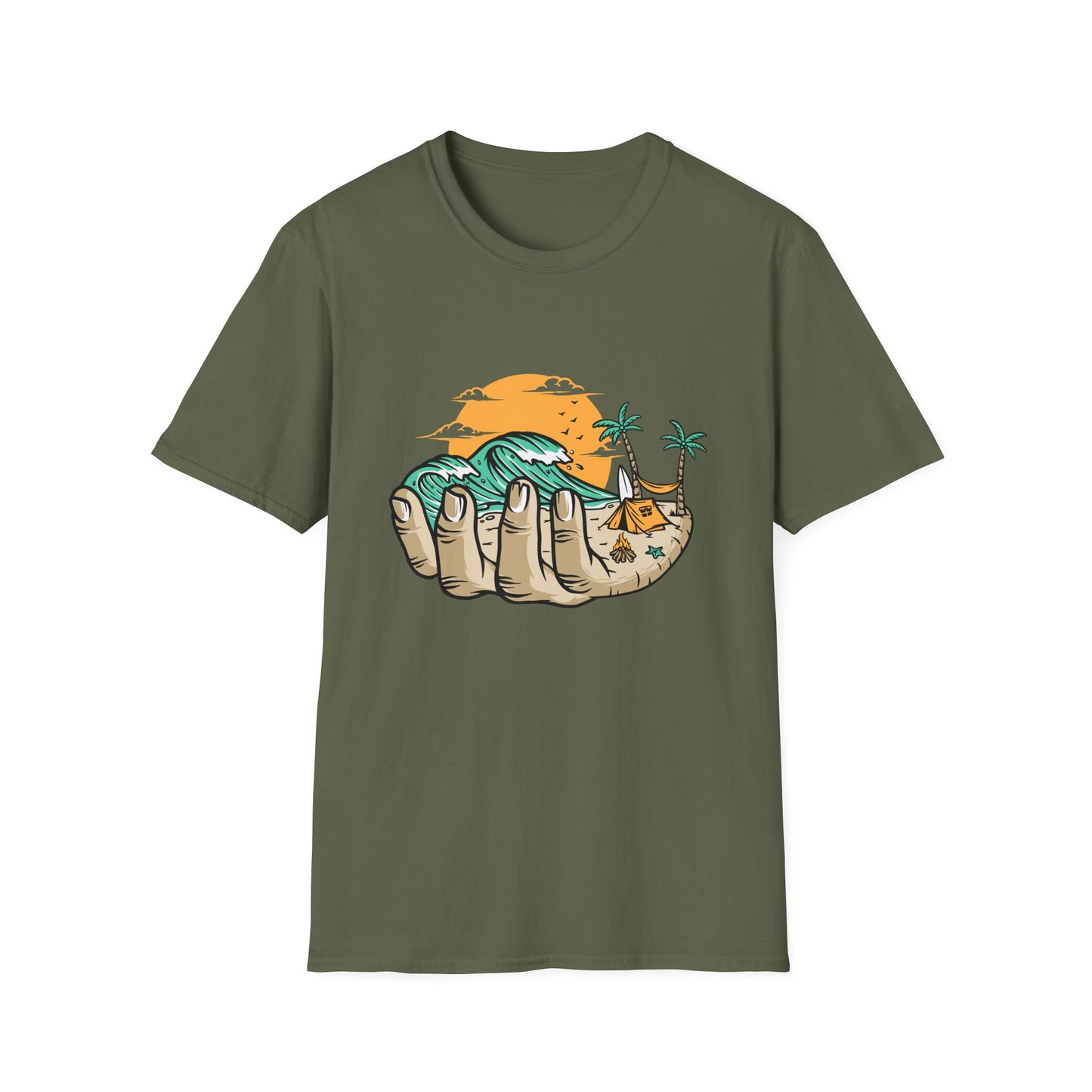 Epic Beach Life Hand T-Shirt | Surf, Camp & Travel Adventure Tee | Vibrant Tropical Sunset Vacation Top