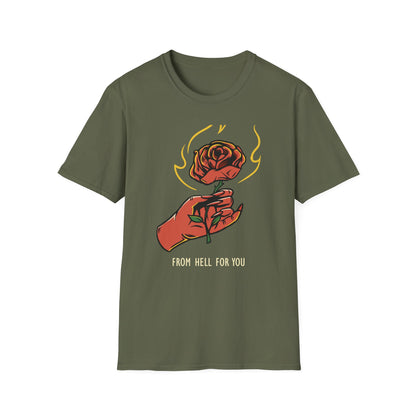 Fiery Rose from Hell T-Shirt - Iconic Dark Romantic Gothic Tee with Inferno Hand & 'FROM HELL FOR YOU' | Edgy Style