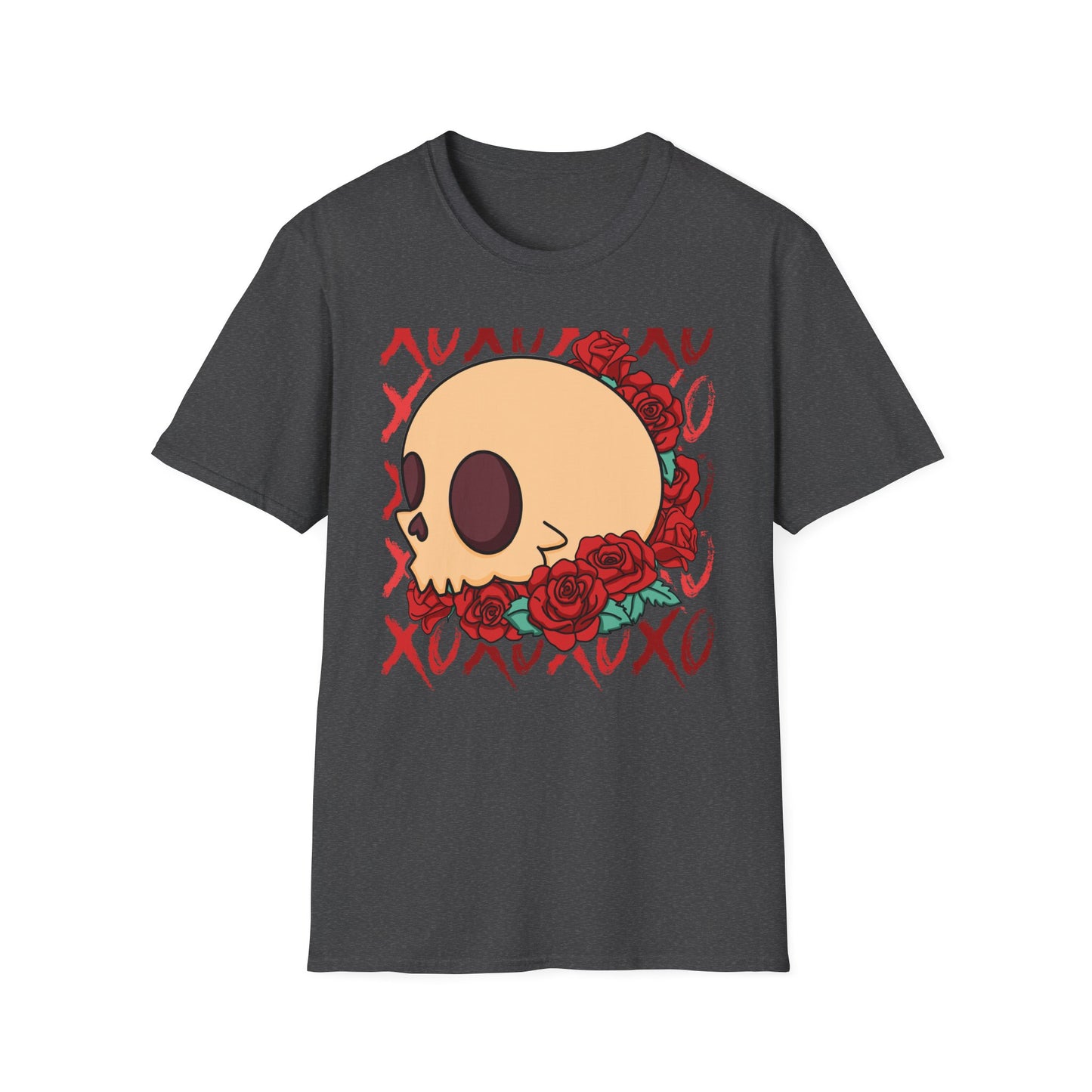 Charming XOXO Skull & Roses T-Shirt | Sweet Gothic Love Tee | Unique Edgy Romantic Print-on-Demand Apparel Gift