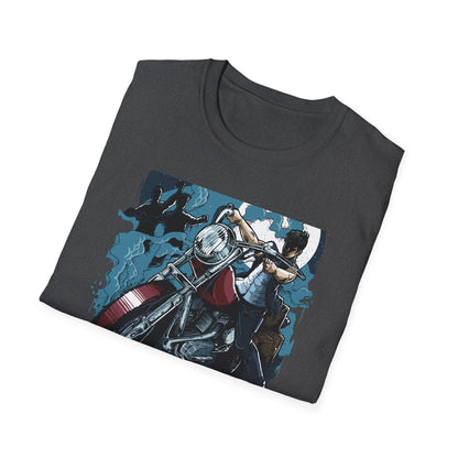 Epic Zombie Apocalypse Hunter T-Shirt - Fearless Biker Survival Horror Tee for Gamers & Fans - Thrilling Crossbow Rider Design