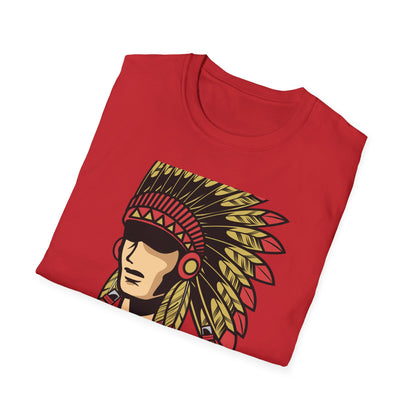 Bold Indigenous Warrior Chief T-Shirt | Majestic Feather Headdress & Tomahawks Tee | Powerful Cultural Design Gift