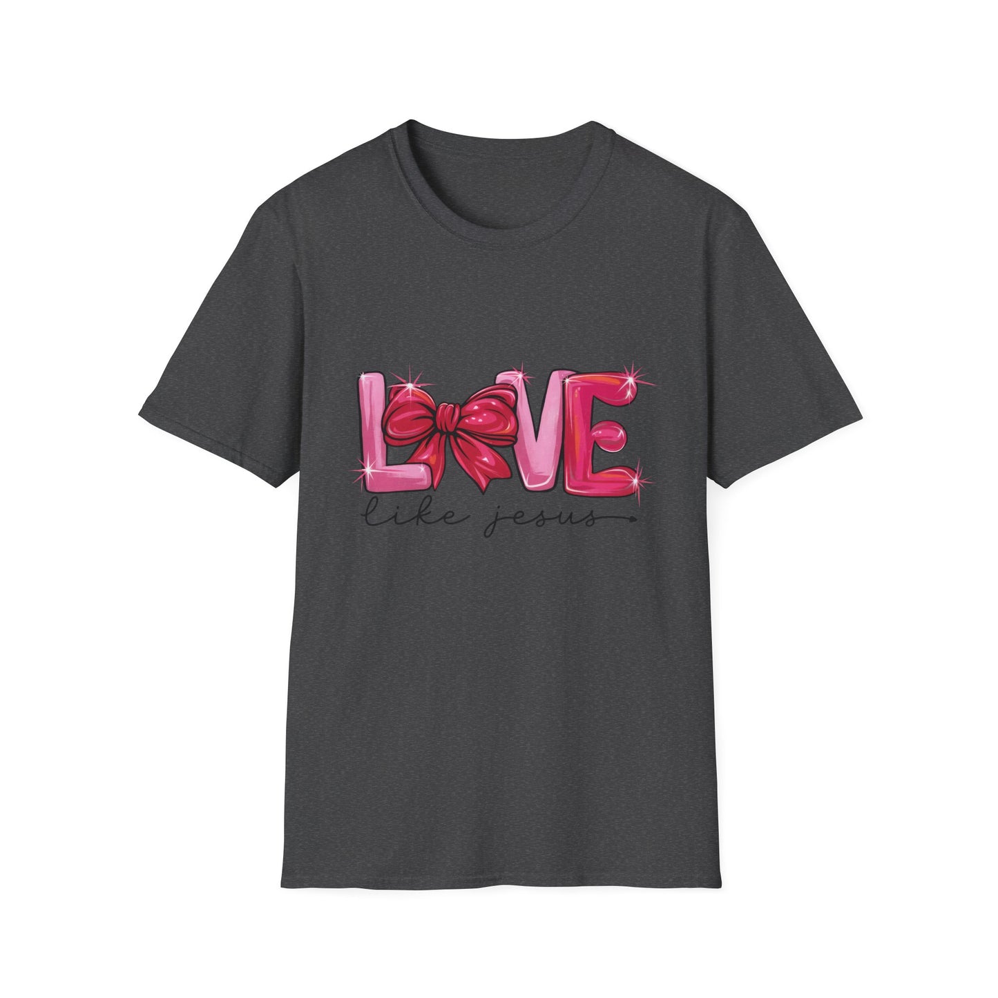Sparkling LOVE Like Jesus T-Shirt | Vibrant Pink Bow Faith Tee | Women's Christian Inspirational Gift