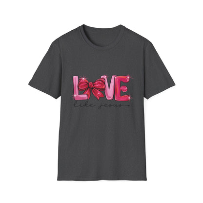 Sparkling LOVE Like Jesus T-Shirt | Vibrant Pink Bow Faith Tee | Women's Christian Inspirational Gift