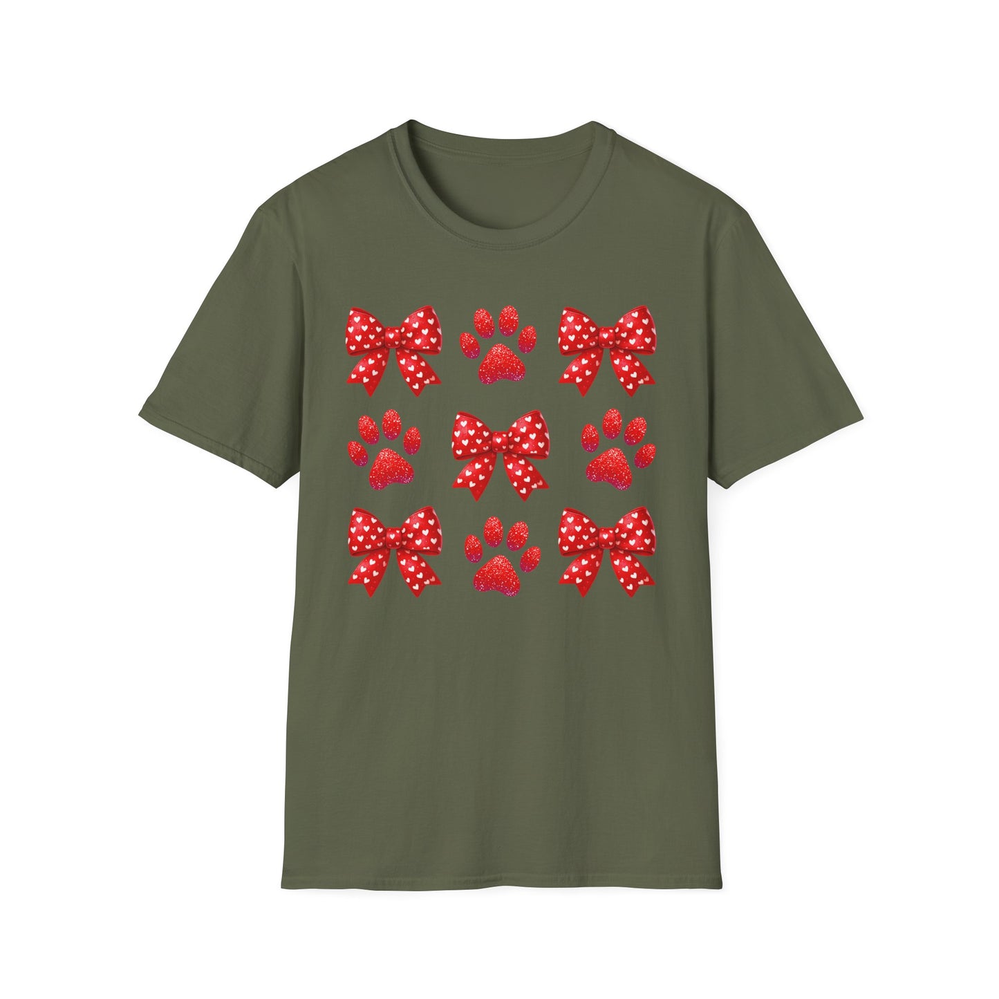 Charming Pet Love T-Shirt: Red Heart Bows & Glitter Paw Prints | Valentine's Day Animal Lover Tee