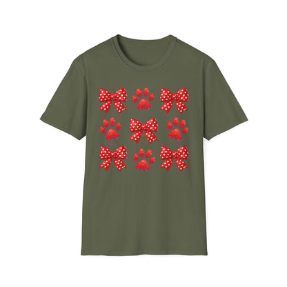 Charming Pet Love T-Shirt: Red Heart Bows & Glitter Paw Prints | Valentine's Day Animal Lover Tee