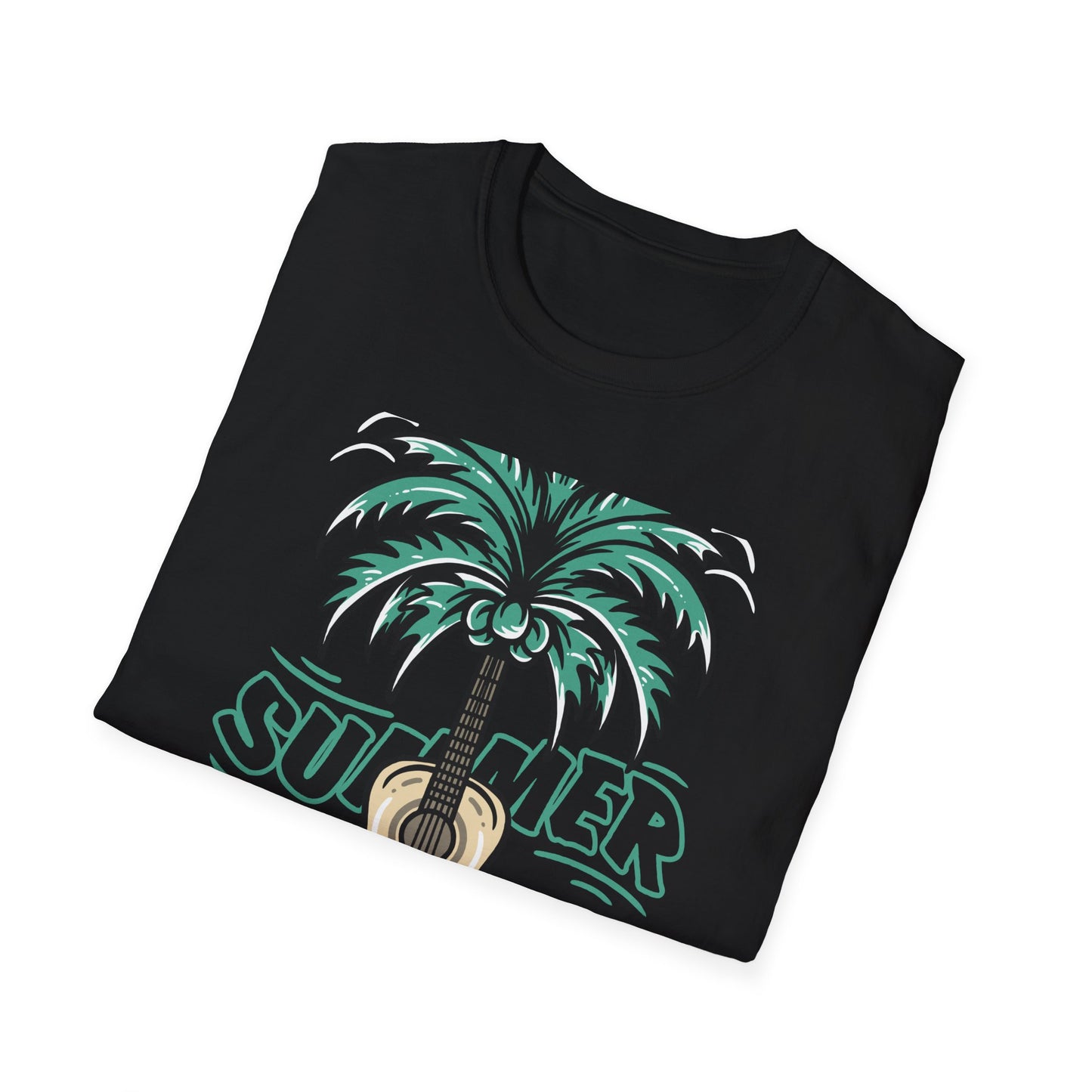 Vibrant Summer Guitar T-Shirt: Cool Palm Tree & Acoustic Beach Tee | Essential Music Lover Vacation Shirt