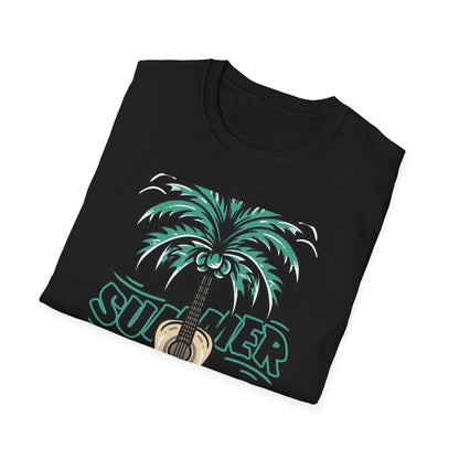 Vibrant Summer Guitar T-Shirt: Cool Palm Tree & Acoustic Beach Tee | Essential Music Lover Vacation Shirt