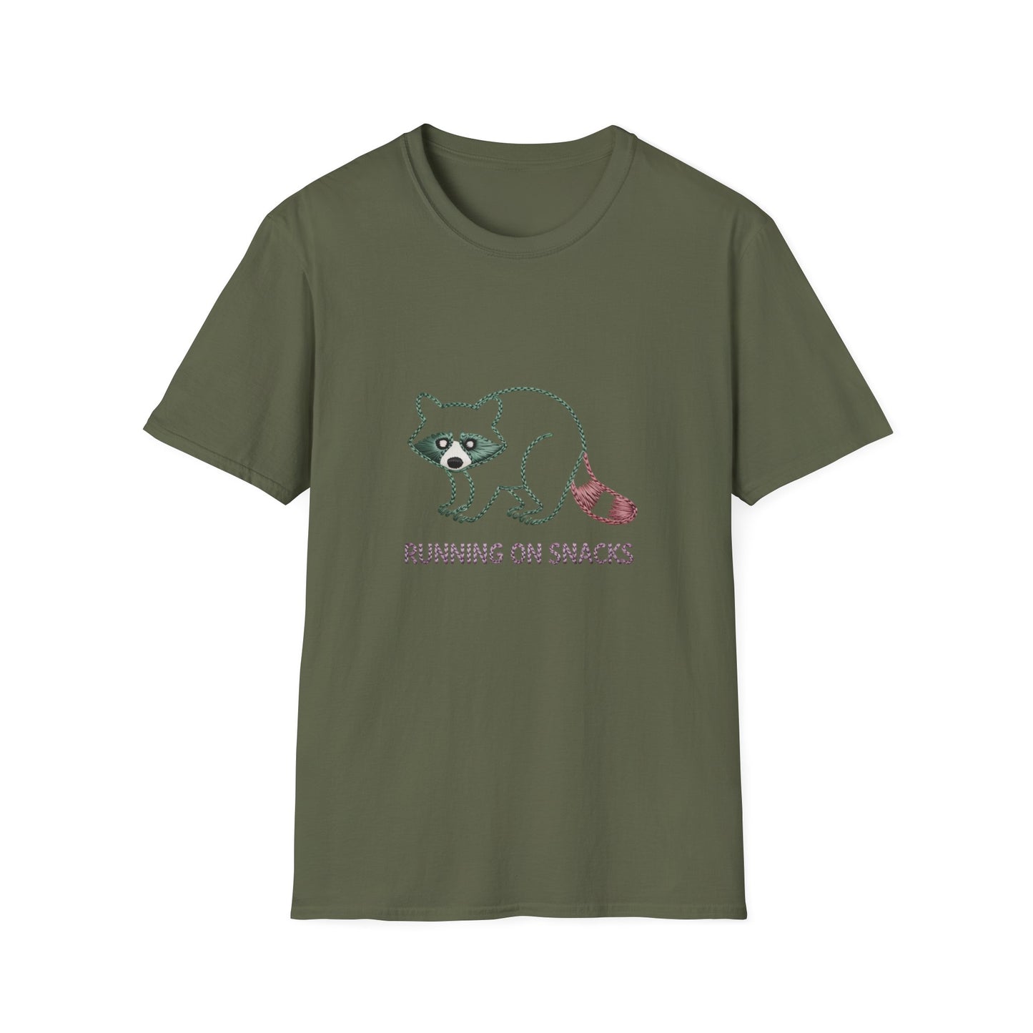 Hilarious Raccoon Running On Snacks T-Shirt | Unique Embroidered Style Animal Lover Tee | Funny Foodie Gift