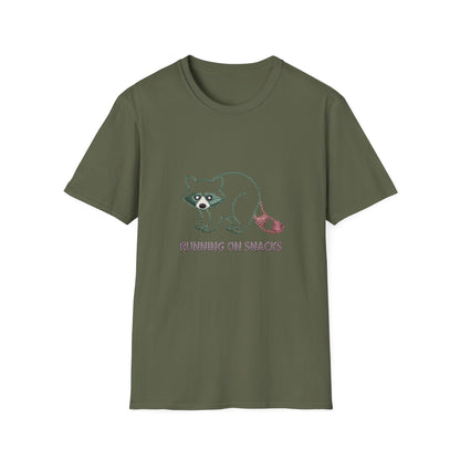Hilarious Raccoon Running On Snacks T-Shirt | Unique Embroidered Style Animal Lover Tee | Funny Foodie Gift