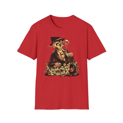 Epic Billionaire Skeleton T-Shirt: Dapper Skull, Money Stacks & Burning Dollar Cigar - Ultimate Hustle Tee