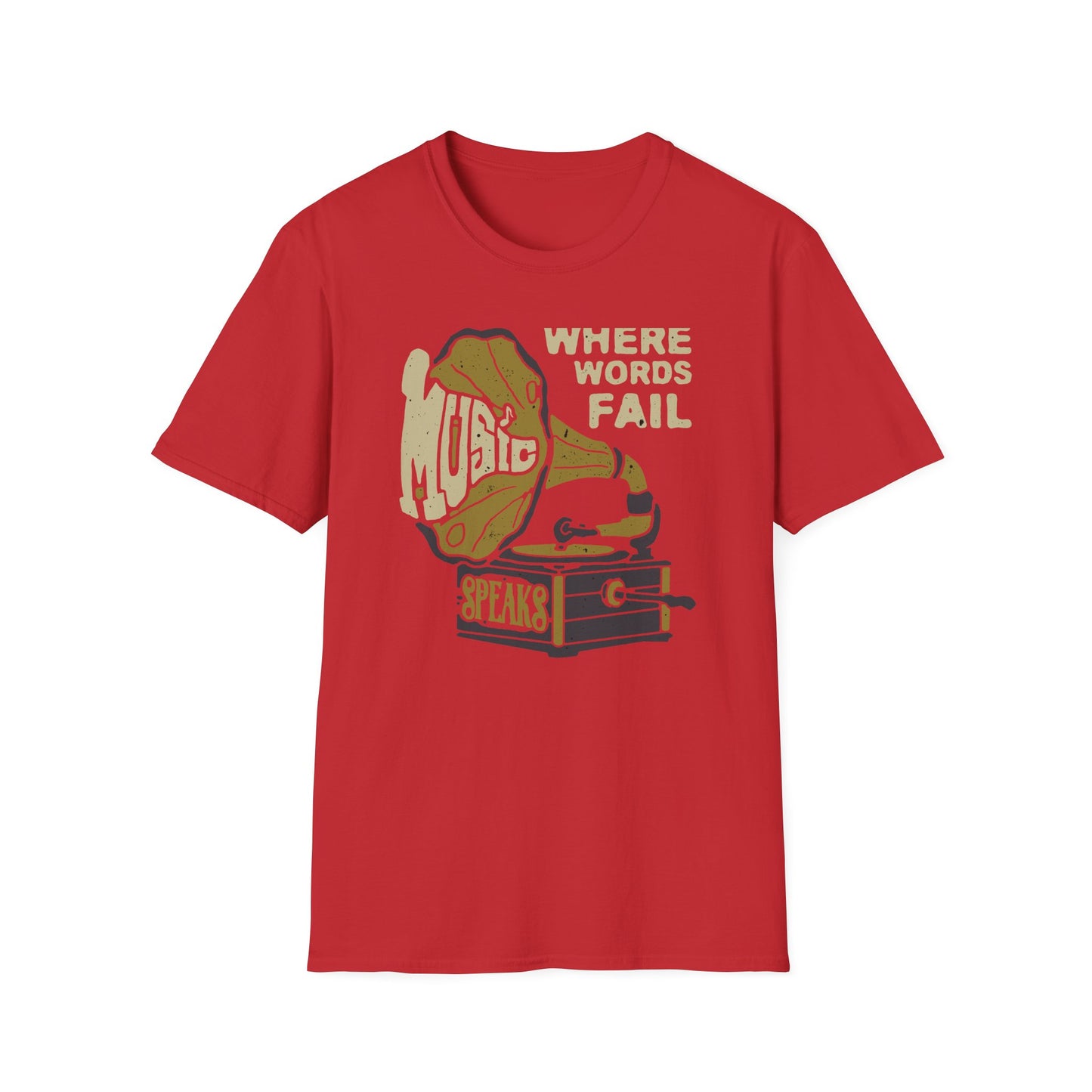 Expressive 'Where Words Fail Music Speaks' T-Shirt - Vintage Gramophone Design for Soulful Music Lovers