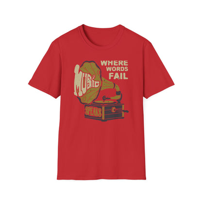 Expressive 'Where Words Fail Music Speaks' T-Shirt - Vintage Gramophone Design for Soulful Music Lovers