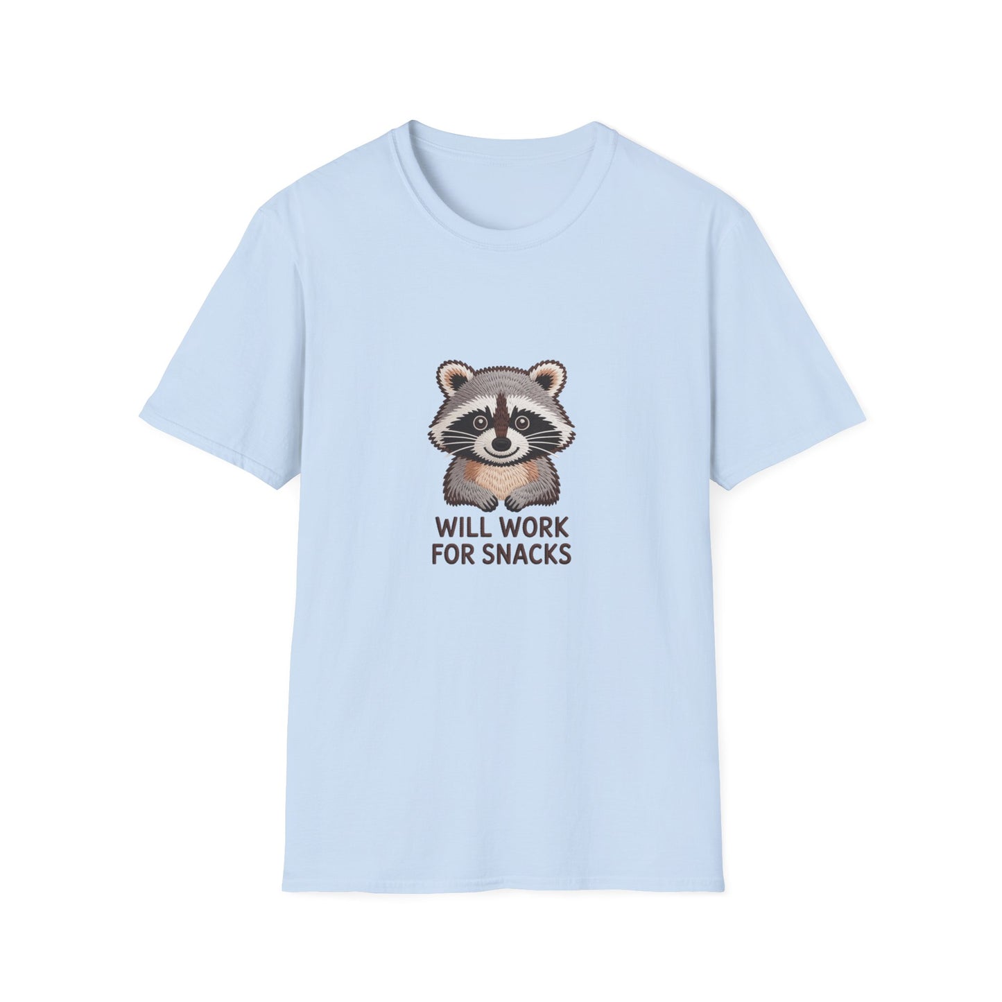 Hilarious Raccoon 'Will Work For Snacks' T-Shirt | Adorable Embroidered-Style Animal Lover Tee Gift