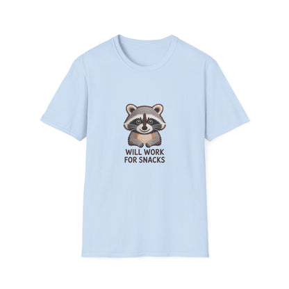 Hilarious Raccoon 'Will Work For Snacks' T-Shirt | Adorable Embroidered-Style Animal Lover Tee Gift