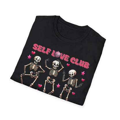 Groovy Self Love Club T-Shirt | Empowering Dancing Skeletons & Disco Ball Design | Trendy & Unique Top