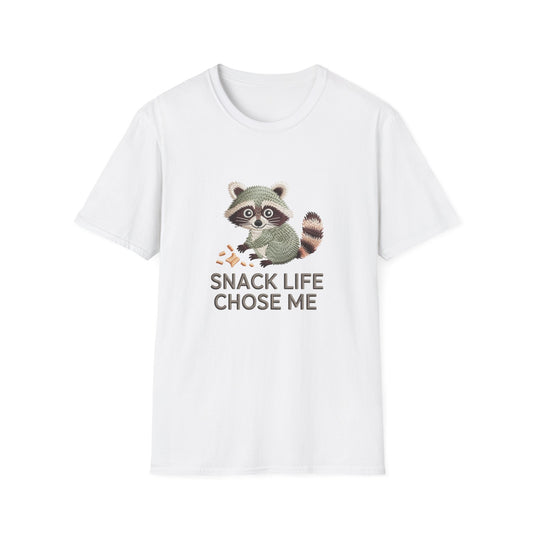 Adorable Raccoon Snack Life Chose Me T-Shirt | Funny Embroidered Look Animal Lover Tee | Ultimate Comfort