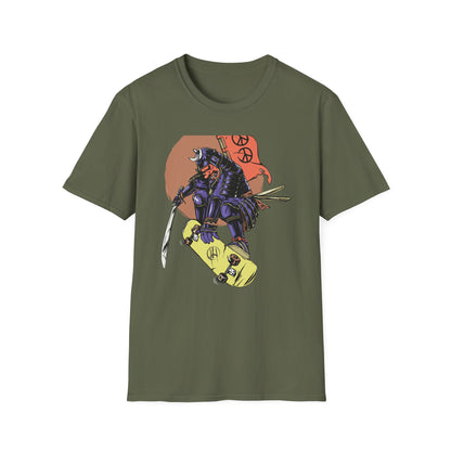 Epic Samurai Skater T-Shirt: Dynamic Japanese Warrior & Peace Sign - Urban Streetwear Tee