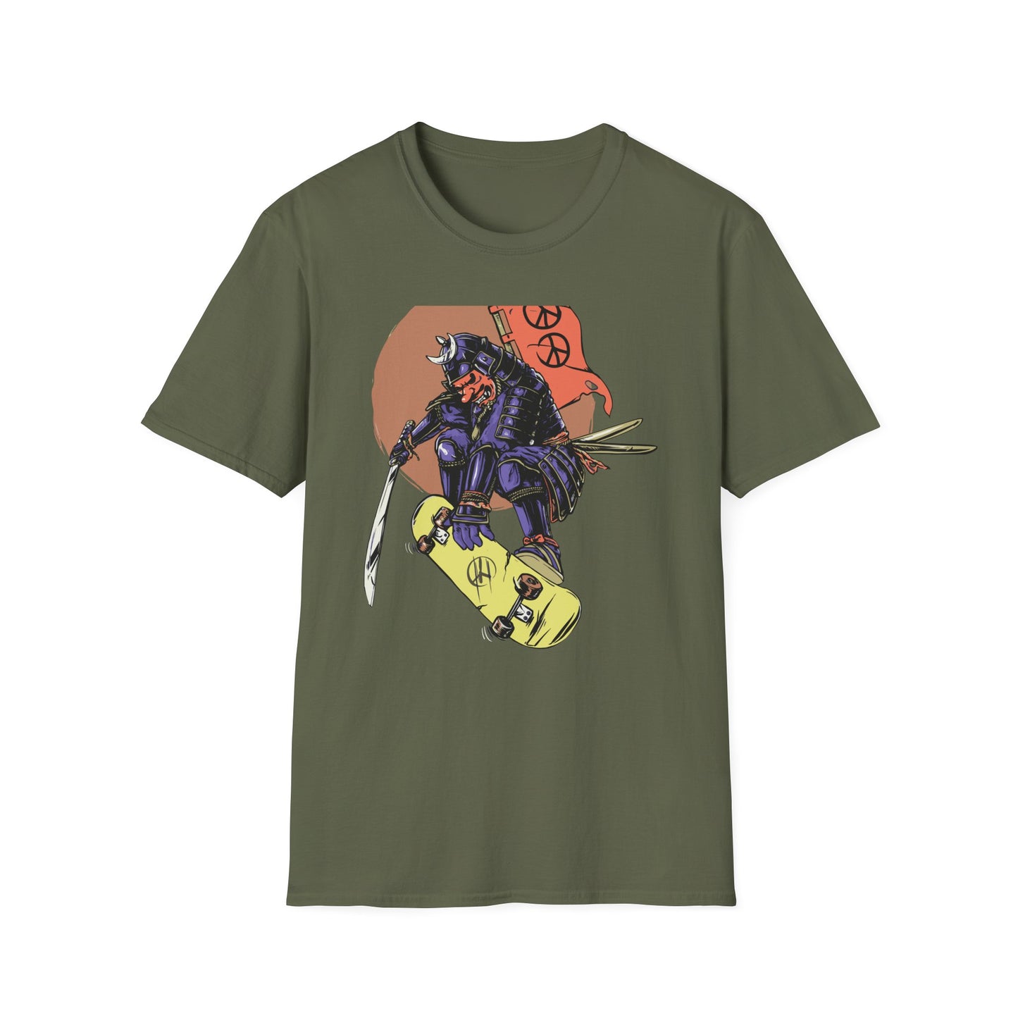 Bold Samurai Skater T-Shirt | Epic Japanese Warrior on Skateboard with Peace Sign Graphic Tee