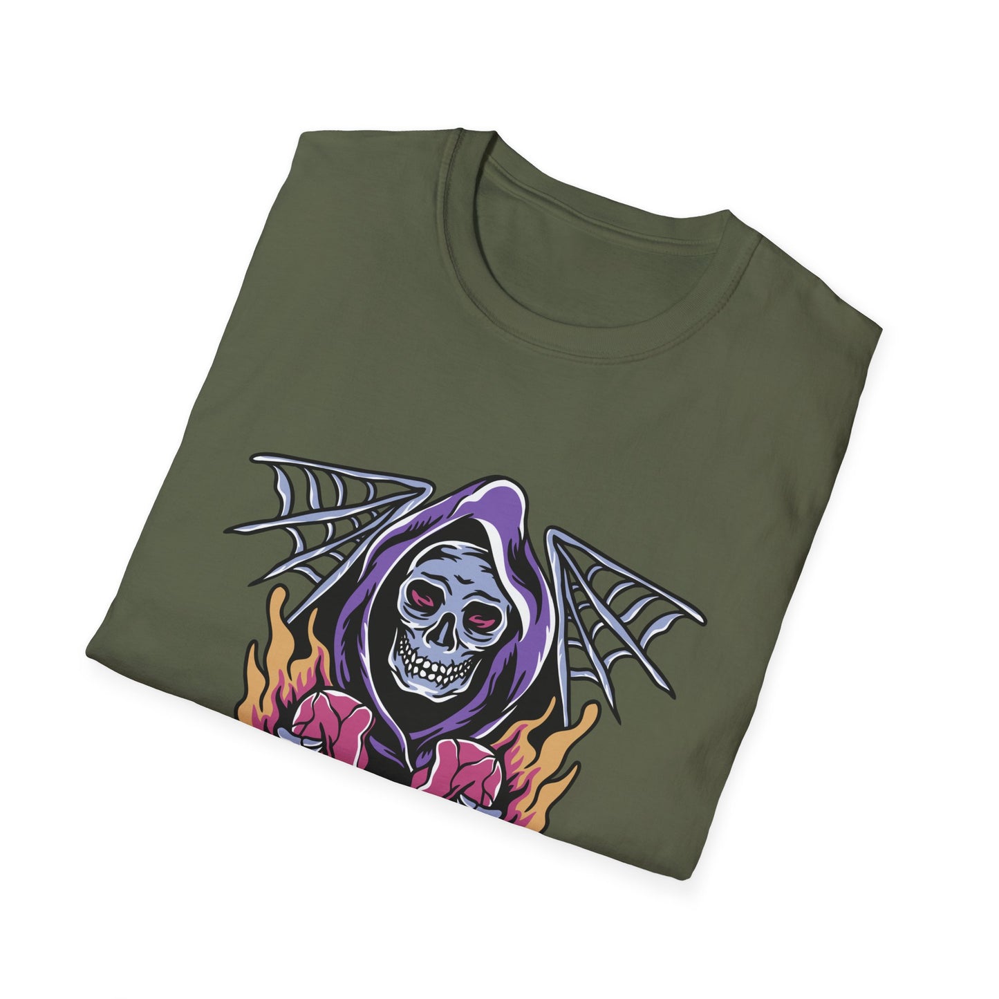 Striking Grim Reaper Broken Heart T-Shirt | Edgy Skull & Flames Tee | Gothic Macabre Streetwear | Bold & Unique Style