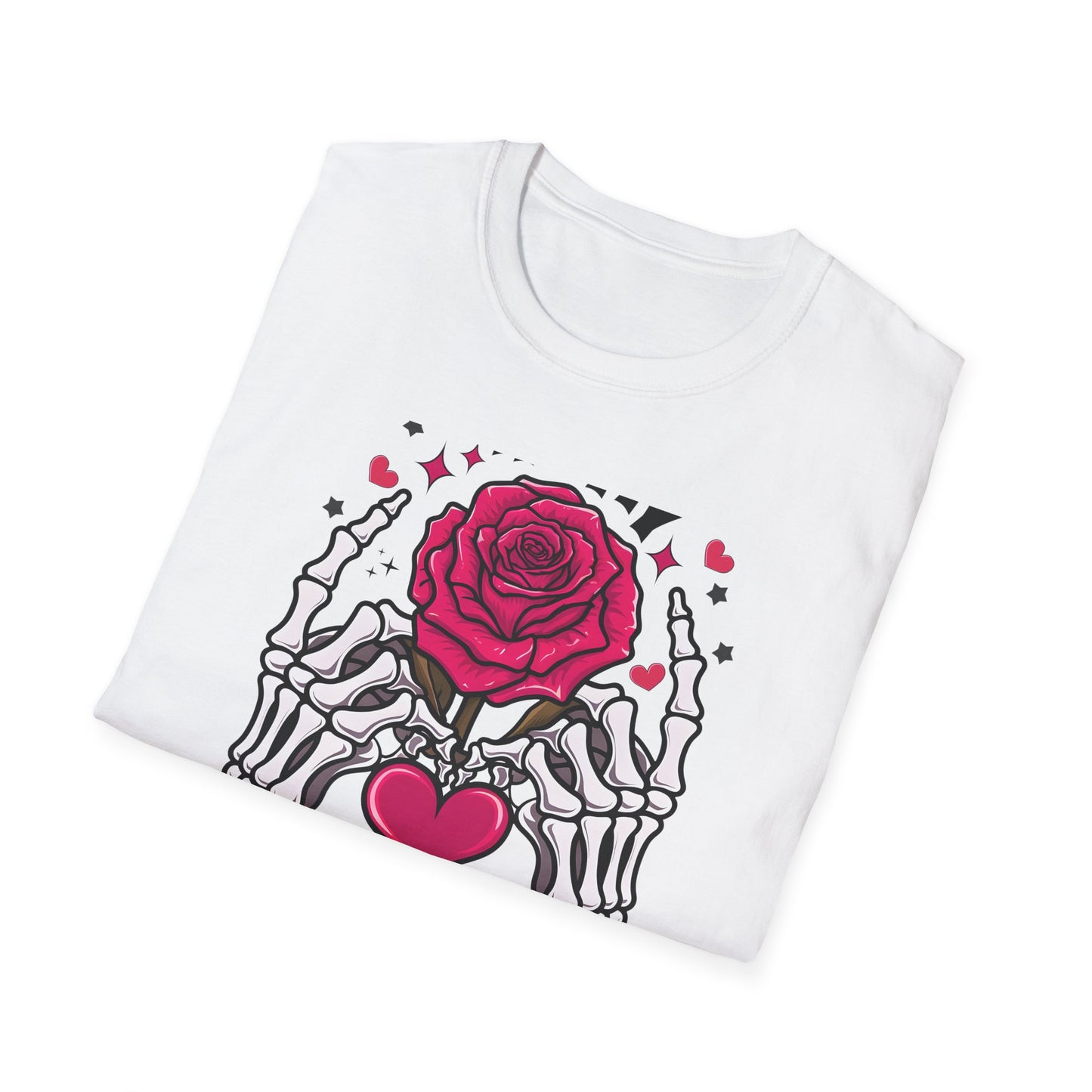 Spooky Sweet Skeleton Hands Rose Valentine T-Shirt | Unique Gothic Romantic Love Tee Gift for Him Her | Trendy Heart Apparel