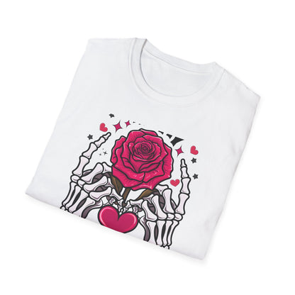 Spooky Sweet Valentine's T-Shirt: Skeleton Hands Holding Pink Rose & Heart - Unique Gothic Love Tee Gift