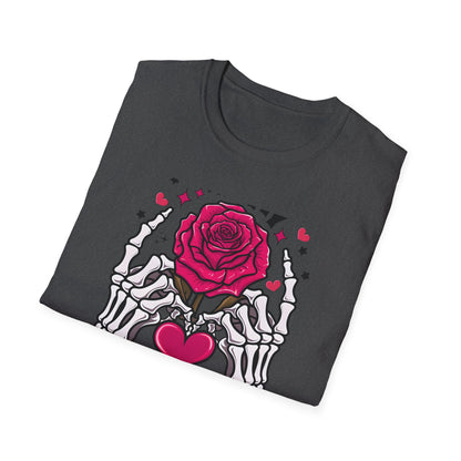 Spooky Sweet Valentine's T-Shirt: Skeleton Hands Holding Pink Rose & Heart - Unique Gothic Love Tee Gift