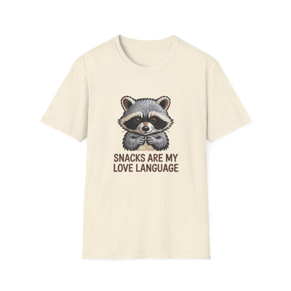 Adorable Raccoon "Snacks Are My Love Language" T-Shirt | Funny Foodie Animal Lover Tee | Ultimate Gift for Snack Enthusiasts