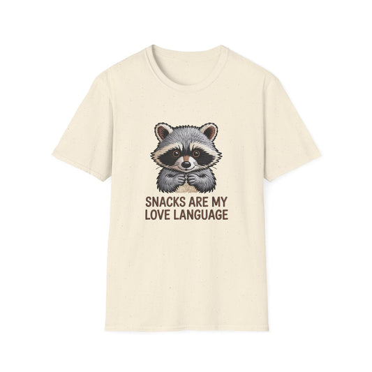 Adorable Raccoon "Snacks Are My Love Language" T-Shirt | Funny Foodie Animal Lover Tee | Ultimate Gift for Snack Enthusiasts