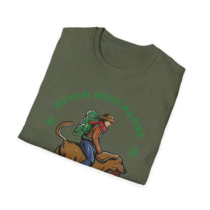 Never Hike Alone T-Shirt | Epic Hiker & Dog Lover Tee for Outdoor Adventures | Companion Goal Shirt Gift