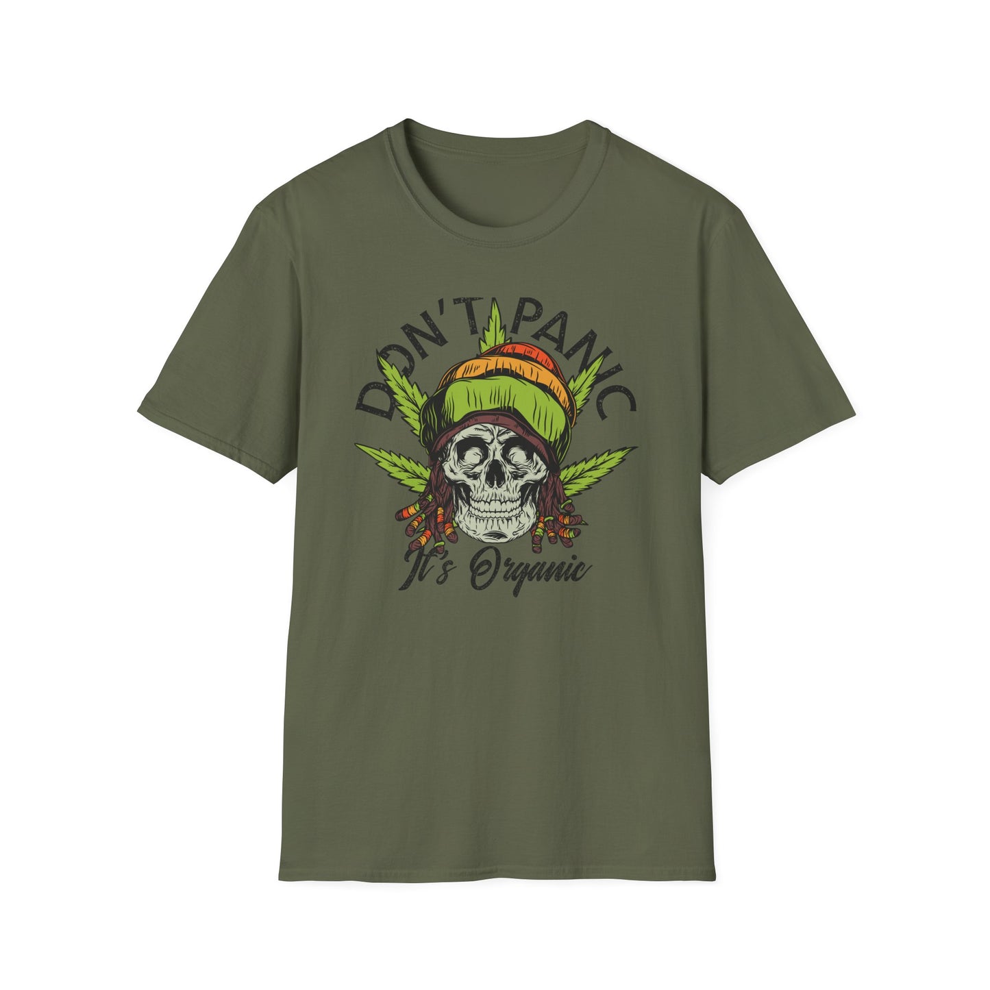 Awesome Don't Panic It's Organic Rasta Skull T-Shirt | Unique Cannabis Leaf Reggae Tee for Chill Vibes