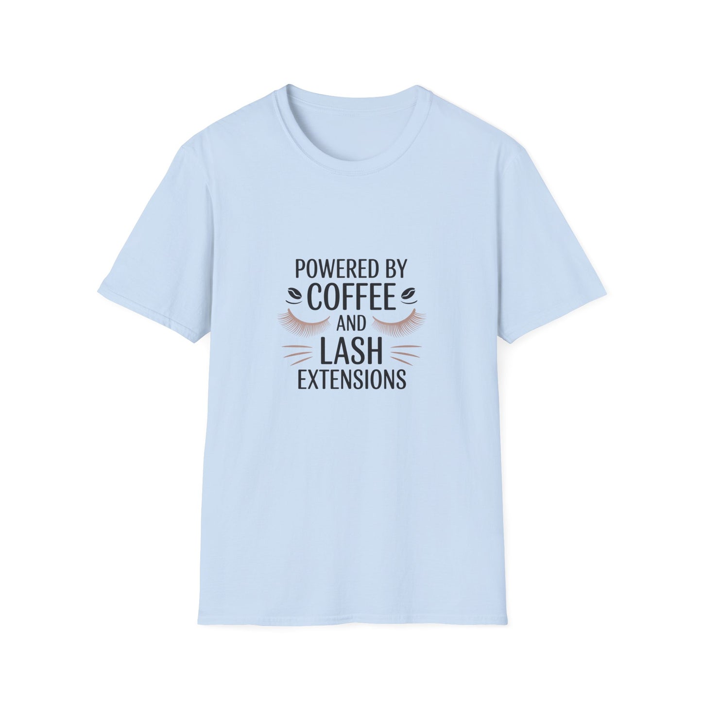Chic 'Powered by Coffee & Lash Extensions' T-Shirt | Fabulous Lash Tech & Beauty Lover Tee with Cat Eye Design