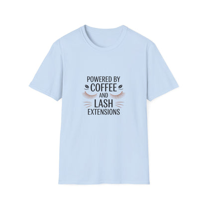 Chic 'Powered by Coffee & Lash Extensions' T-Shirt | Fabulous Lash Tech & Beauty Lover Tee with Cat Eye Design