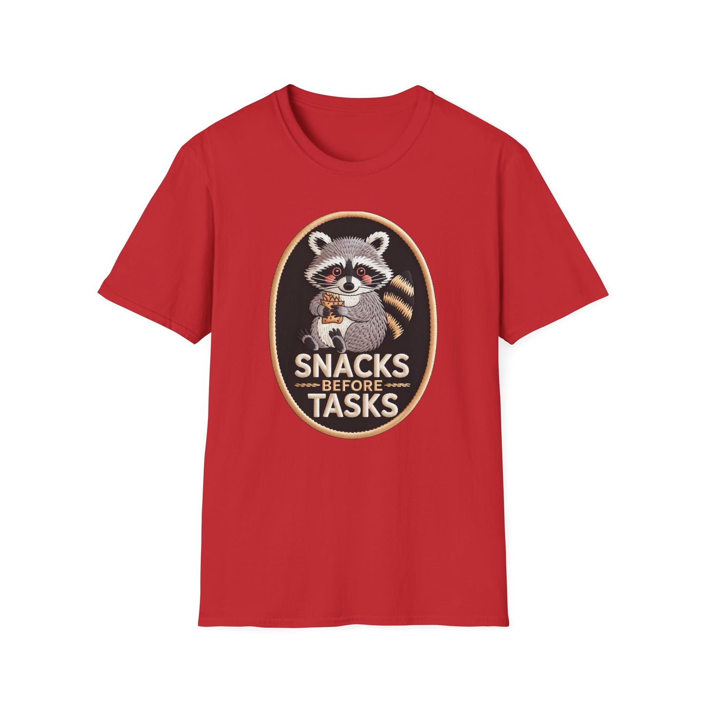 Irresistible Raccoon T-Shirt: "Snacks Before Tasks" Funny Animal Tee - Adorable Foodie Procrastination Gift