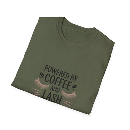 Chic 'Powered by Coffee & Lash Extensions' T-Shirt | Fabulous Lash Tech & Beauty Lover Tee with Cat Eye Design