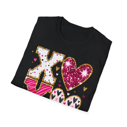 Sparkly XO Hearts T-Shirt | Adorable Pink Glitter Valentine's Day & Love Tee for Her | Hugs Kisses Style