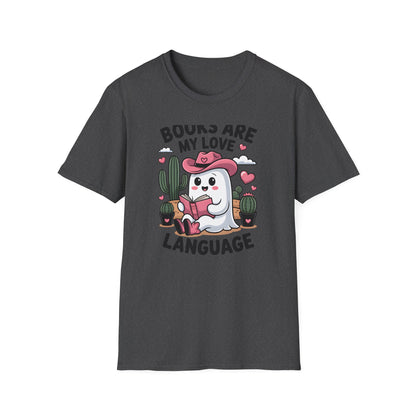 Adorable Reading Ghost T-Shirt | “Books Are My Love Language” Pink Cowboy Ghost Tee | Unique Book Lover Gift