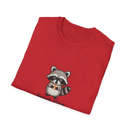 Cute Raccoon Pretzel T-Shirt - "Snack First Everything Later" Funny Foodie Animal Tee | Hilarious Comfort Lover Gift